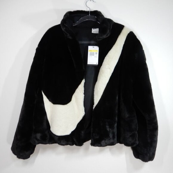 NIKE Faux Fur Plush Swoosh Teddy JACKET Size S Oversized Black Fossil Logo NEW - Picture 7 of 11